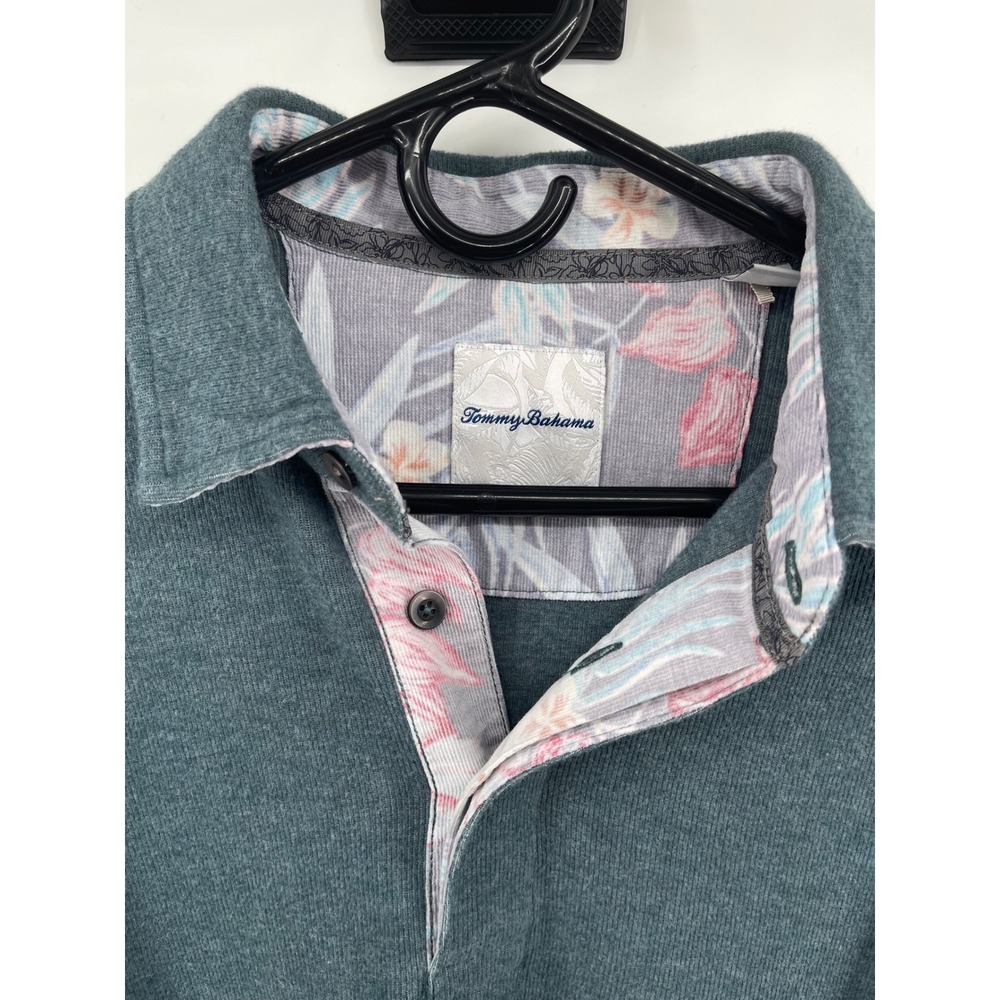 Tommy Bahama Polo Shirt Mens Medium Blue Long Sleeve Ribbed Floral Excellent